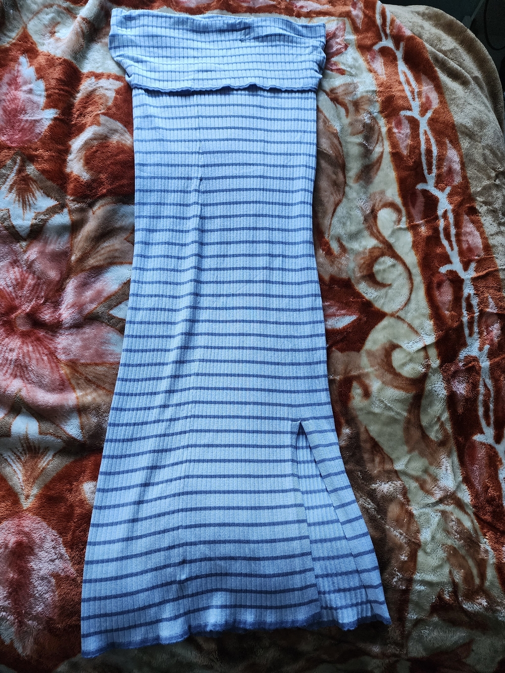 SO Strapless Blue and White Ribbed Maxi Dress